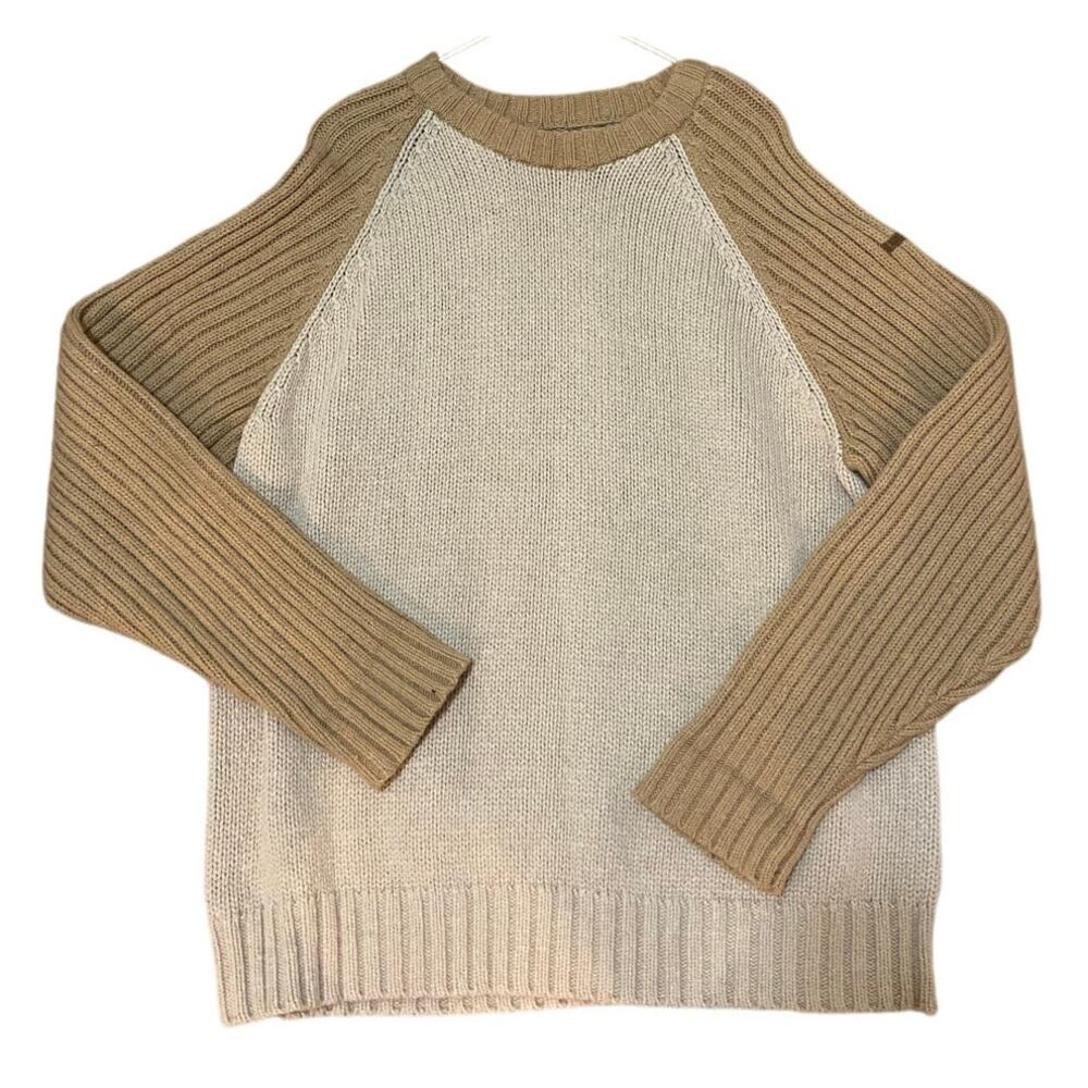 RuffHewn Cotton Wool Sweater Knit‎ Beige with Brown Sleeves Crew Neck Large
